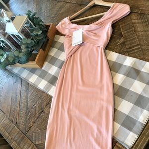 Blush off the shoulder dress